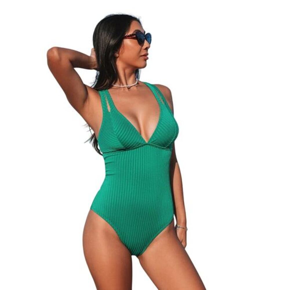 Cupshe Women's Green Ribbed Green Cross Back One Piece Swimsuit Size Medium